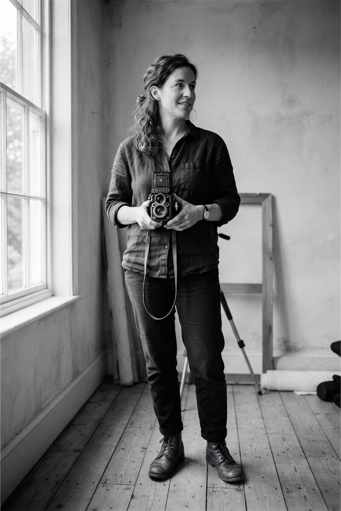 Portrait of photographer Chris Mejia holding a vintage film camera in the studio