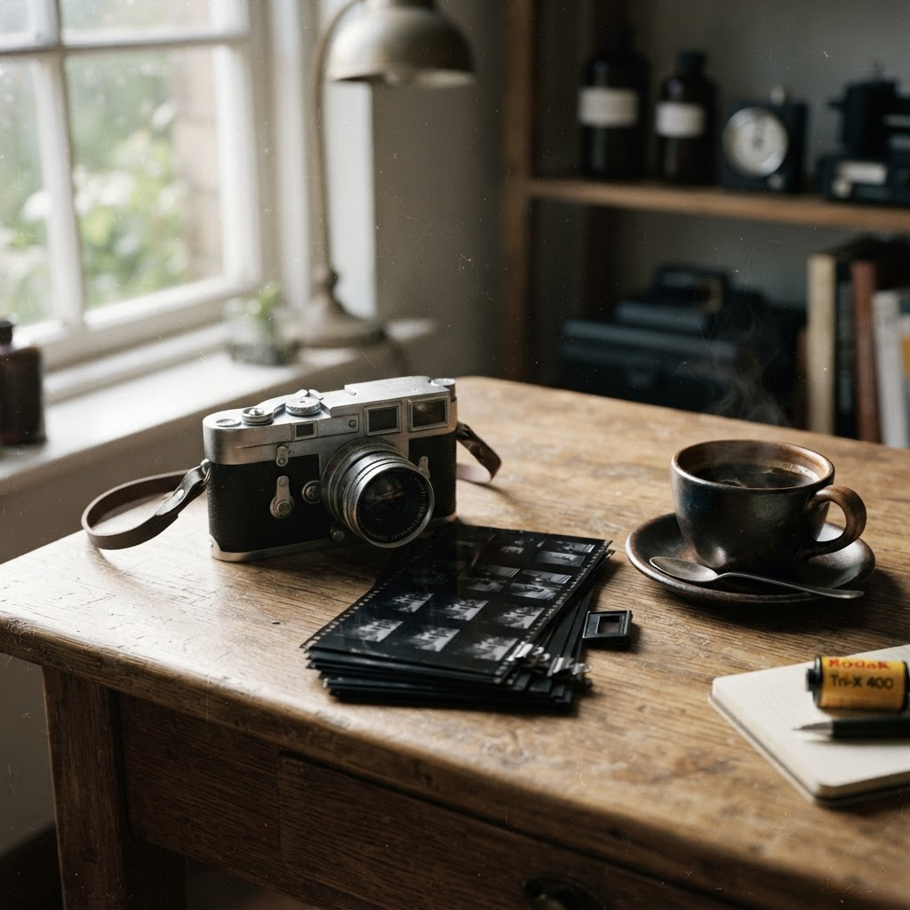 A vintage film camera resting on a wooden desk beside contact sheets and a coffee cup