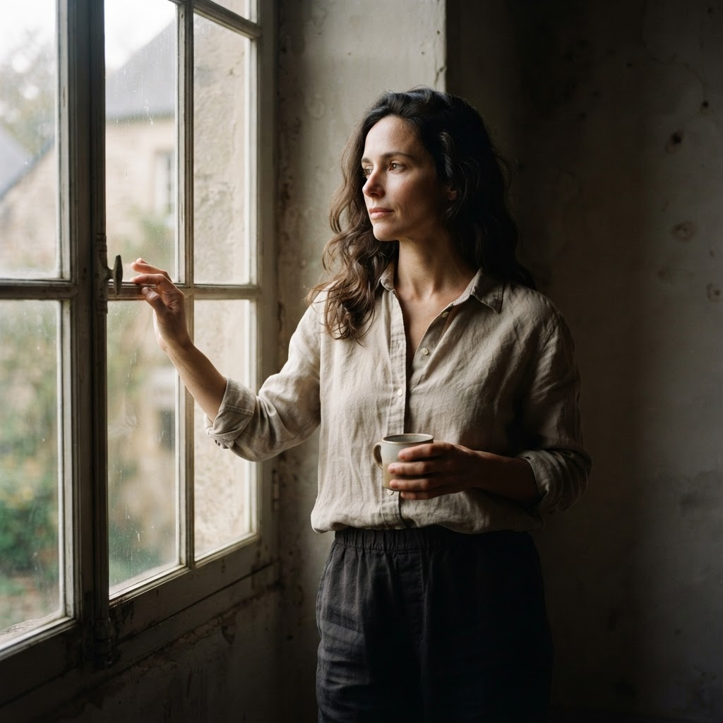 A woman in a linen shirt standing near a large window with soft directional daylight across her face