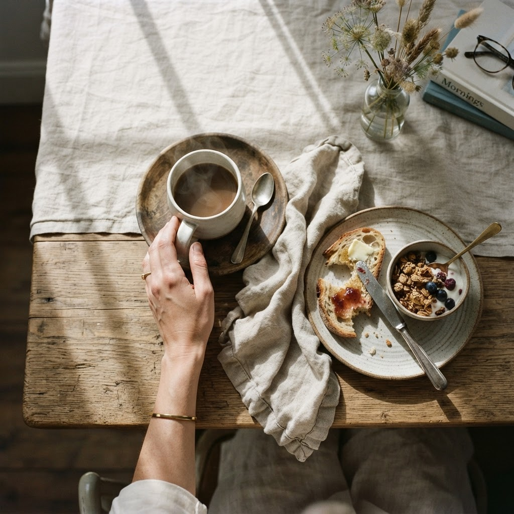 Overhead view of a rustic breakfast table with hands reaching for a ceramic cup in hard window light