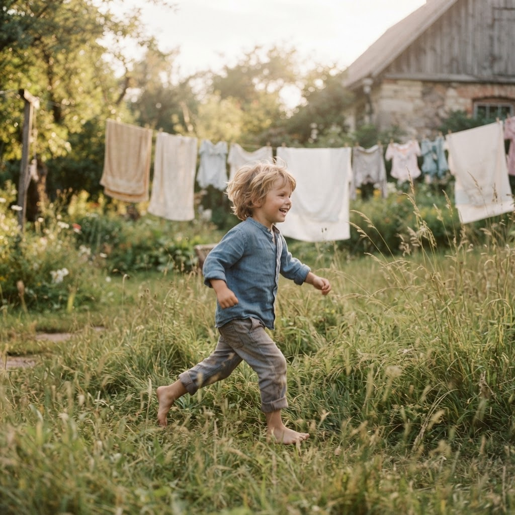 A child running through a sunlit backyard past laundry drying on a line