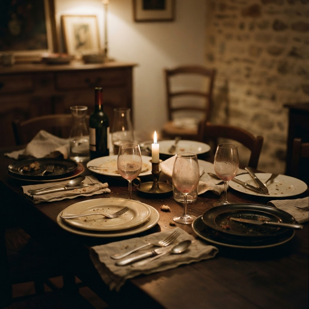 A dinner table after a meal with empty glasses, scattered plates and a low burning candle