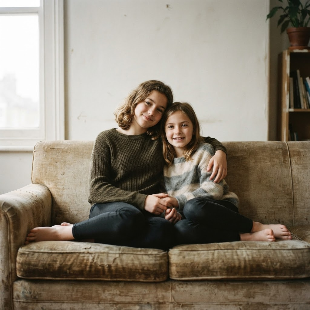 Two sisters sitting close together on a worn sofa in soft daylight