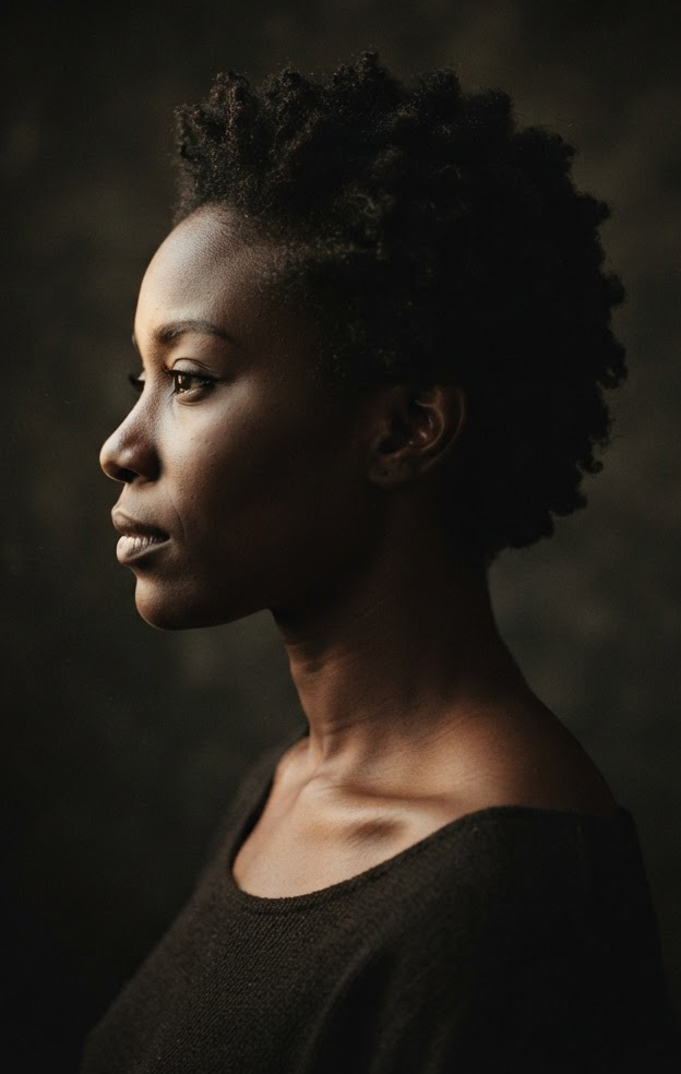 Profile portrait of a woman with cropped hair against a dark backdrop with a single soft light
