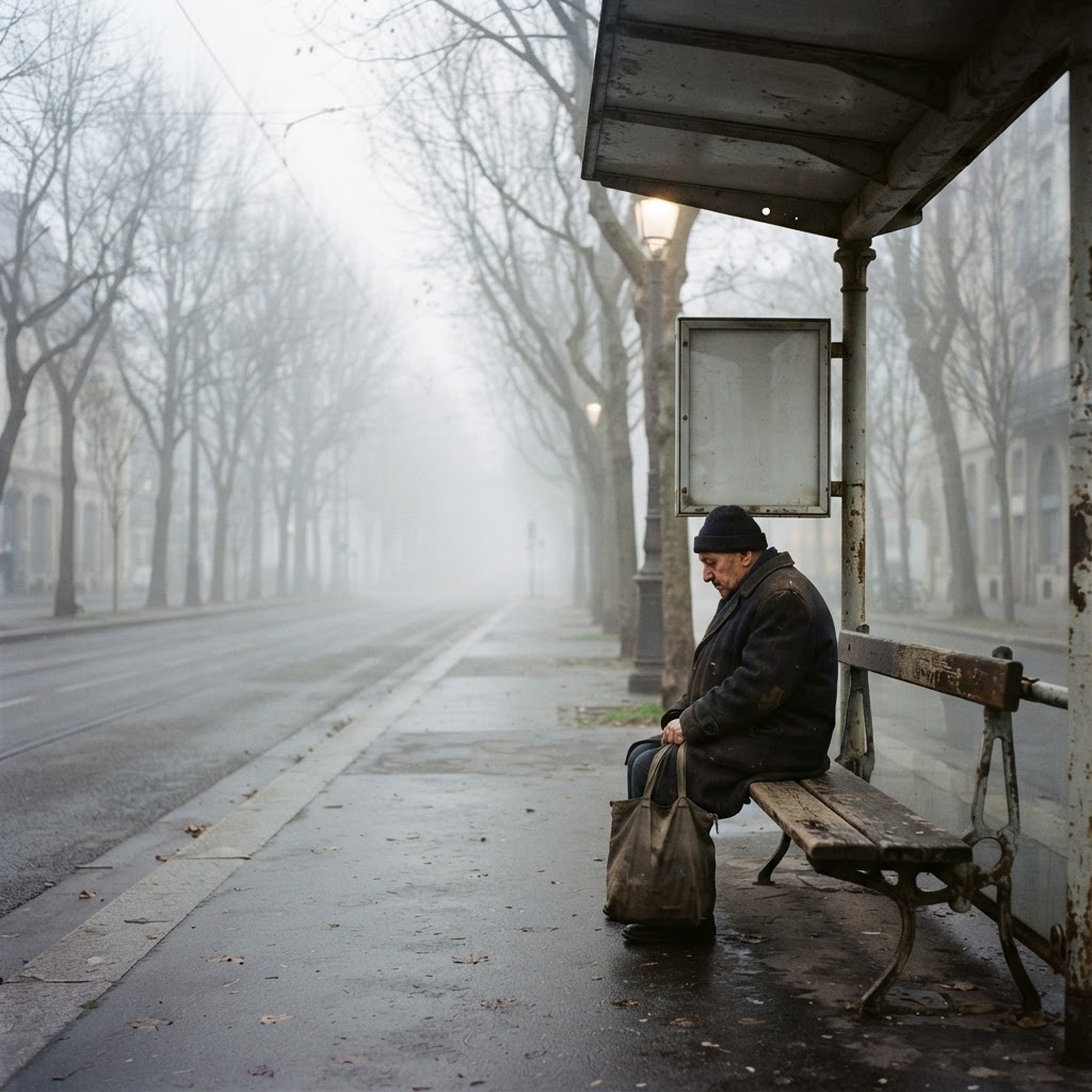 A single figure waiting on a bus stop bench on a foggy empty avenue with bare trees