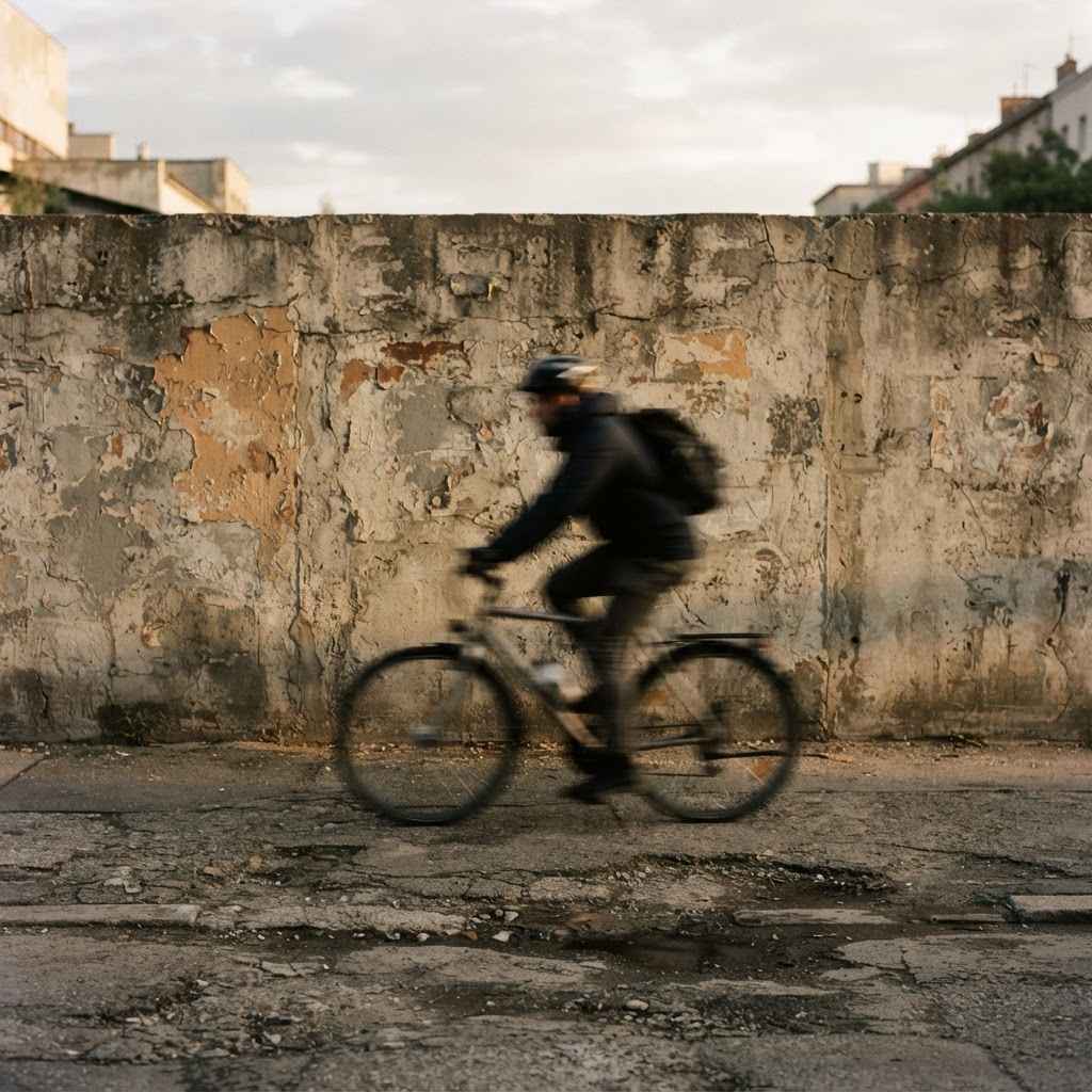 A cyclist blurred in motion passing a concrete wall with peeling paint in late afternoon light