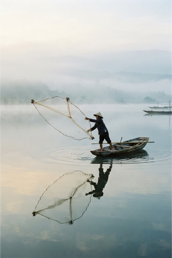 A small wooden fishing boat on still misty water at dawn with a mirror reflection