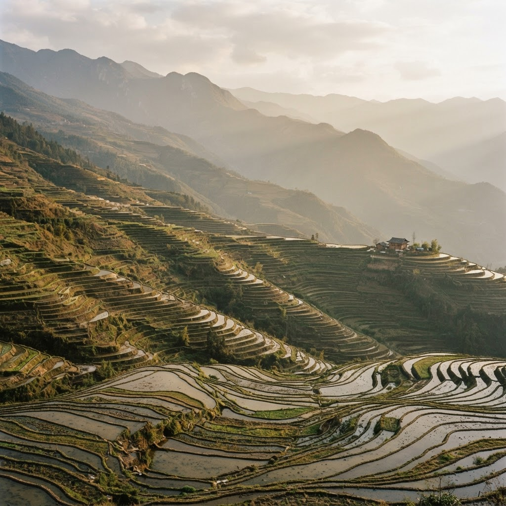 Terraced hillside farmland in soft late light with layered ridges fading into haze